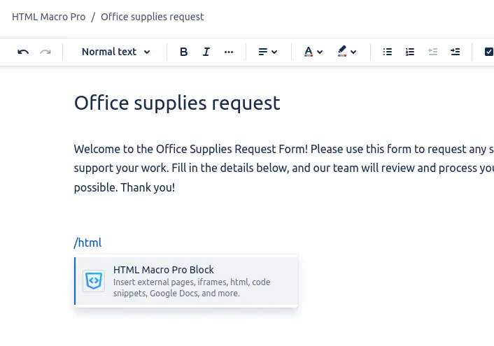 Adding the HTML macro to a Confluence Cloud page with the /html slash command