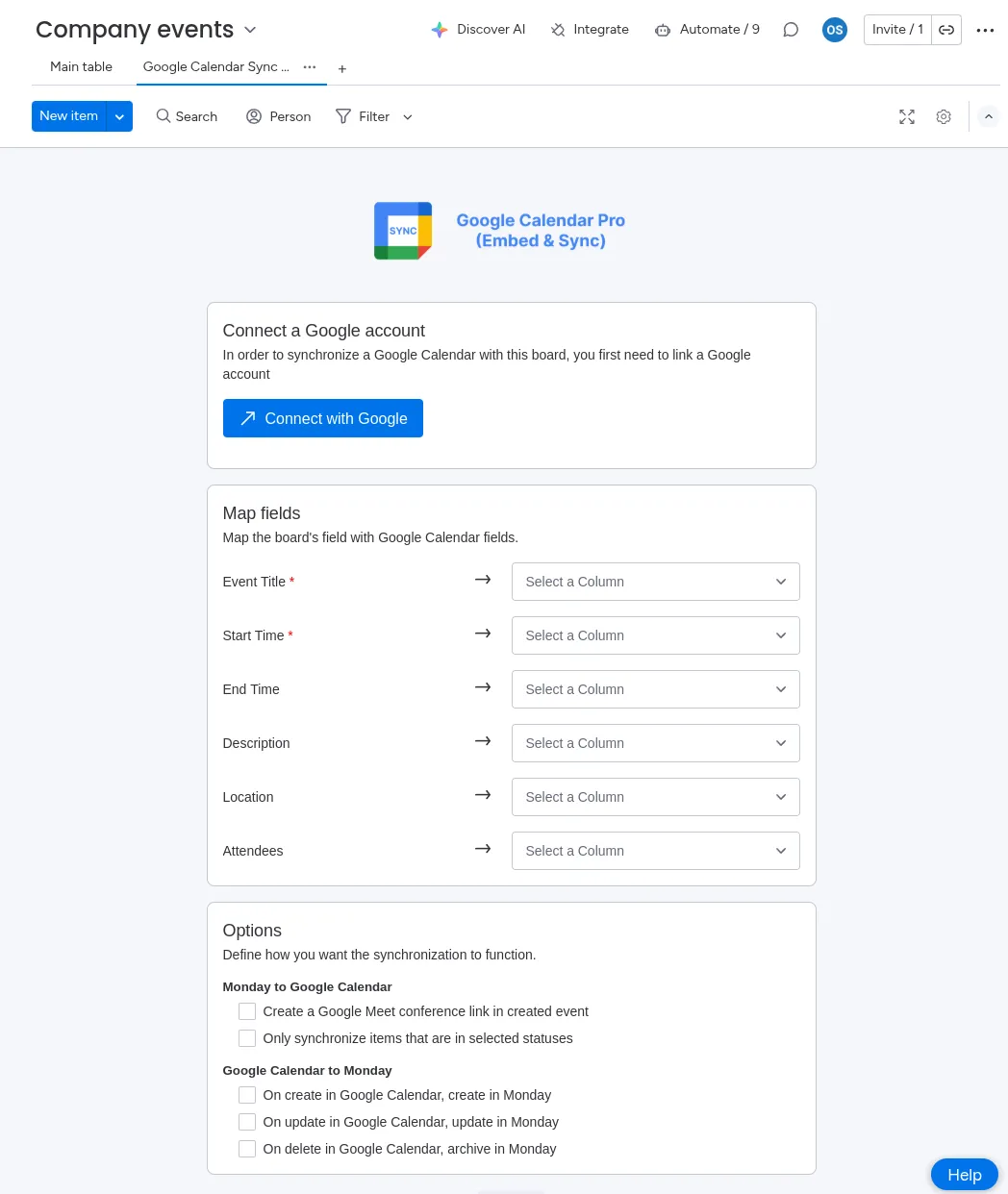 Sync setup screen for Calendar Embed and Sync in monday.com