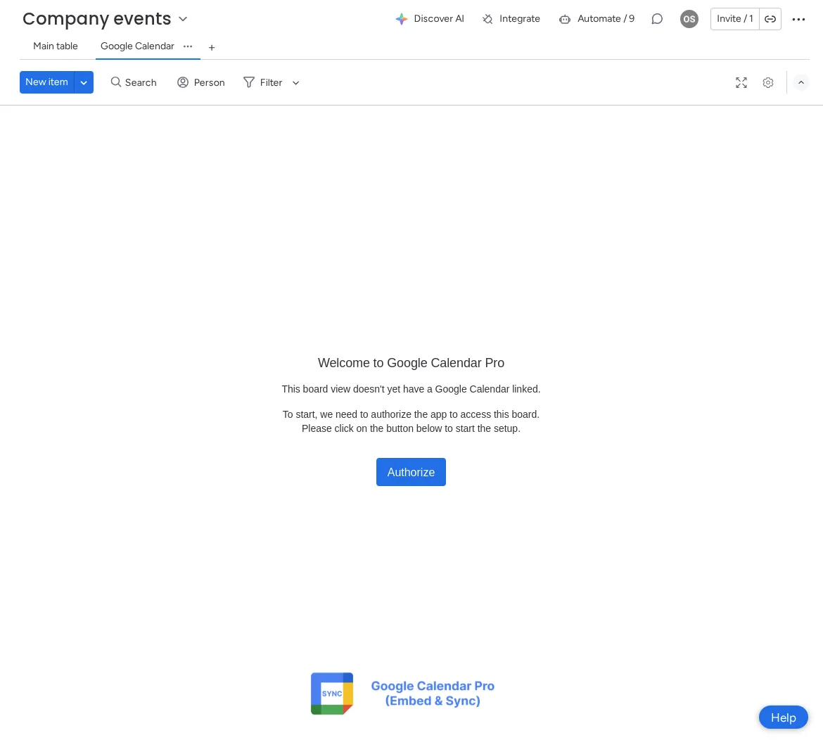 Selecting Google Calendar Embed and Sync from the monday.com apps list