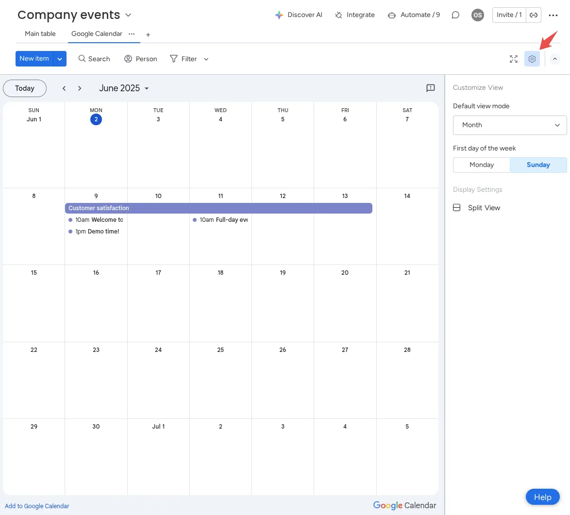 Google Calendar shown inside a monday.com board view