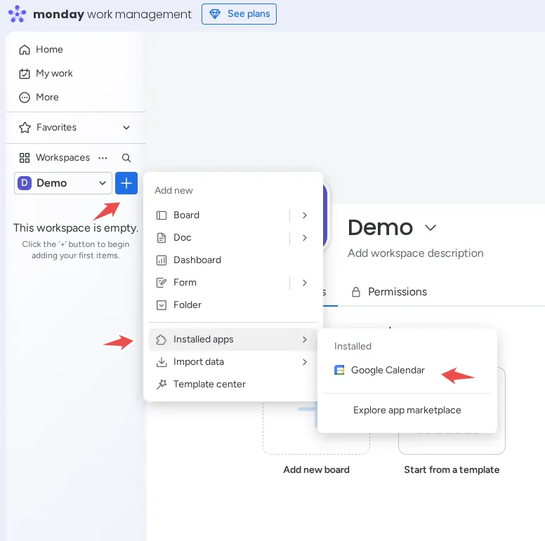 Google Calendar embedded as a standalone workspace item in monday.com