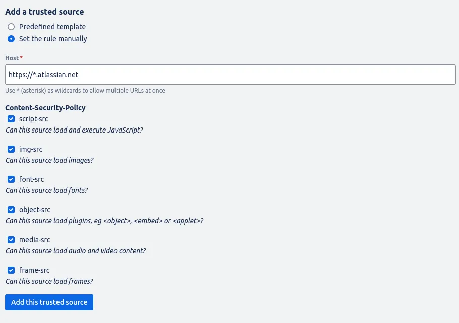 Defining custom Content Security Policy rules in HTML Macro Pro, custom CSP rules Confluence
