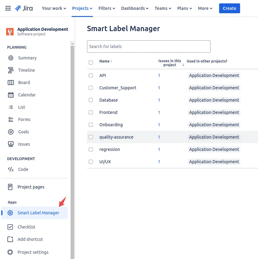 Opening a Jira project where labels will be managed